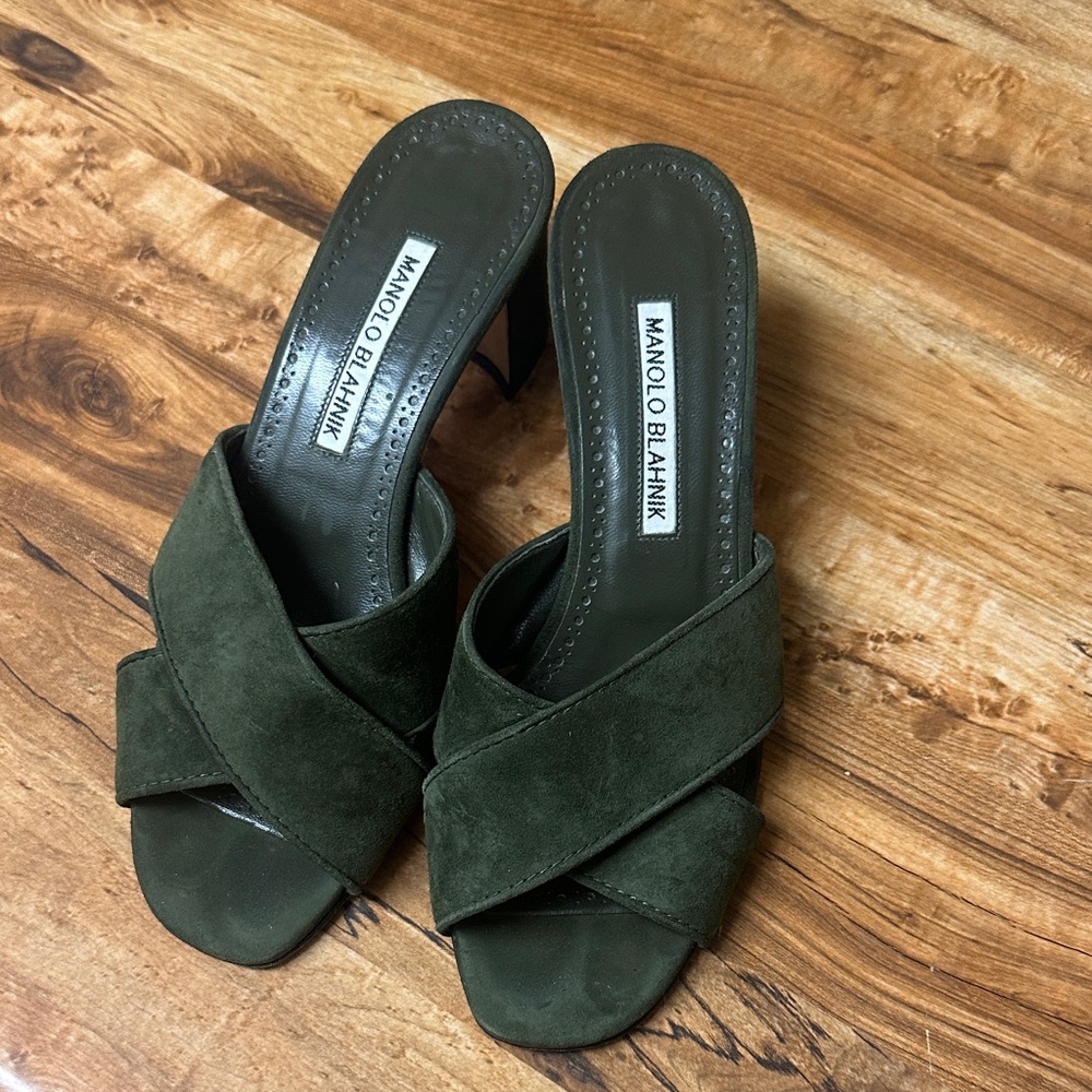 Manolo Blahnik Dark Green Suede Mules
